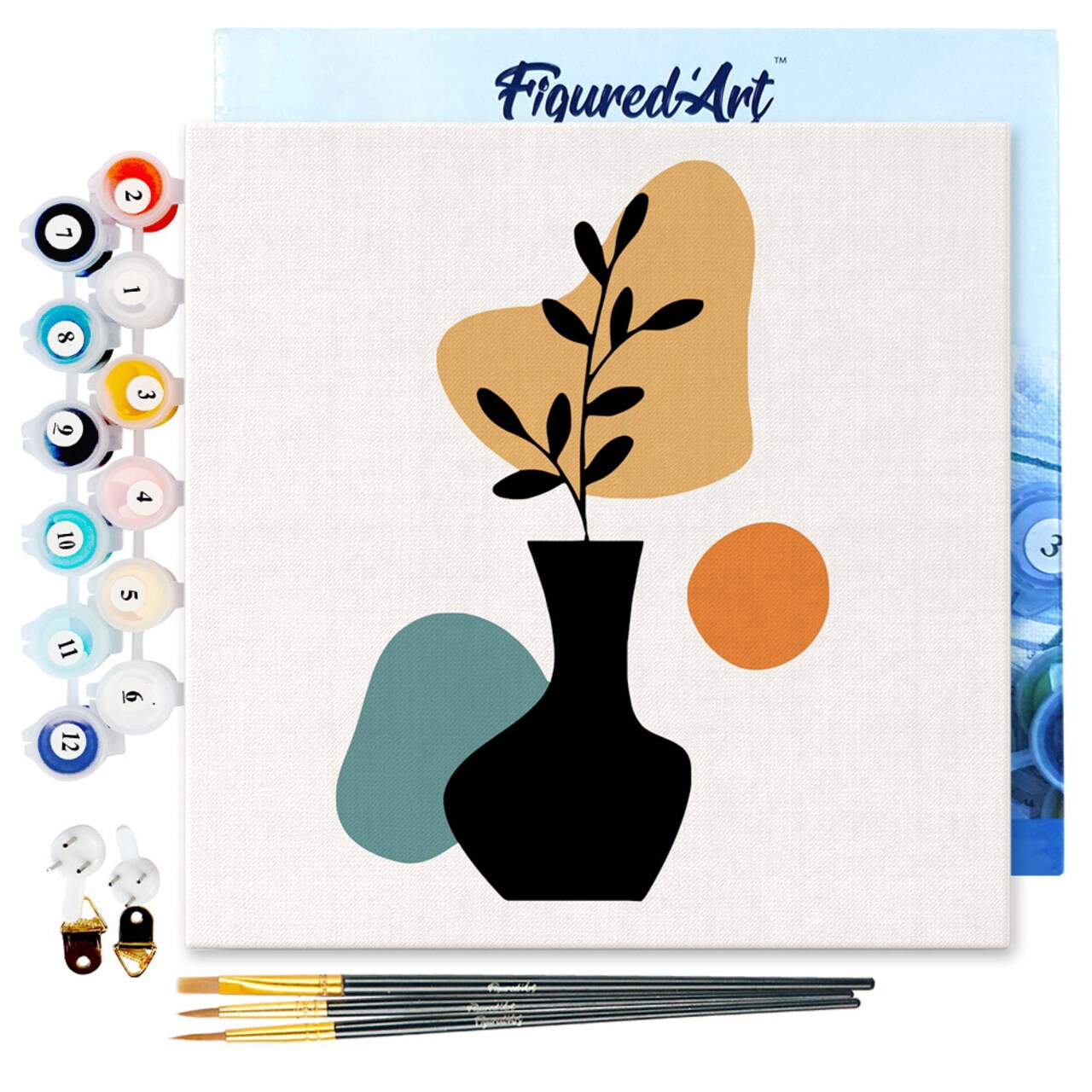 Figured'Art Mini Paint by Numbers Kit for Adults with Frame Abstract Plant Pot Set 1 of 3 Small format 8"x8" - Craft Art Painting DIY Canvas Already Stretched on a Wooden Frame
